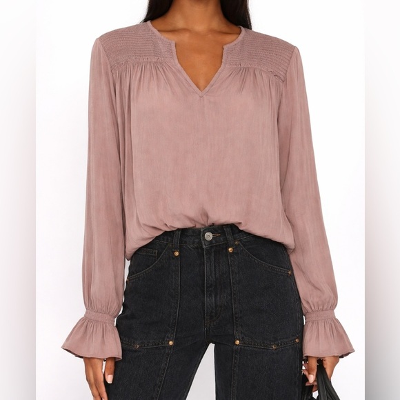 Treasure & Bond Tops - Women’s Smocked Long Sleeve Pink Blouse Ruffle Casual V Neck Date Career Office